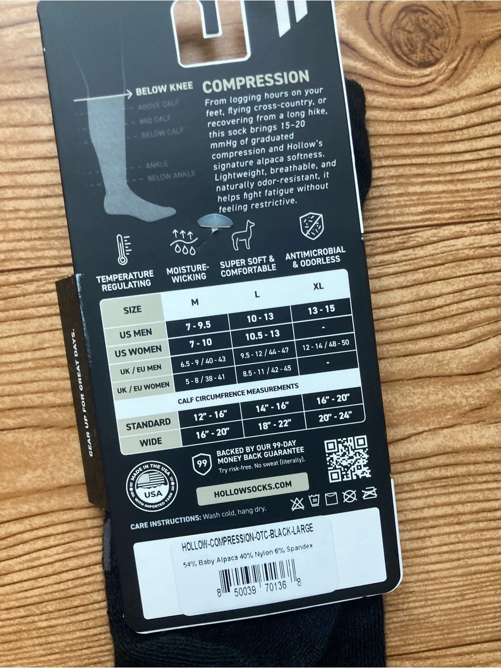 New Hollow Compression Alpaca Socks Black Large Men 10-13 Women 10.5-13